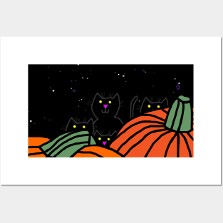 Two Pumpkins and Four Cats at Halloween Posters and Art